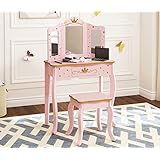 UTEX Pretend Play Kids Vanity Table and Chair Vanity Set with Mirror Makeup Dressing Table with Drawerï¼ŒPlay Vanity Set,Pink