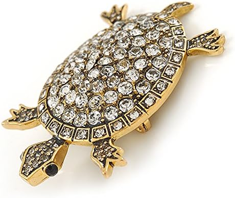 Vintage Inspired Clear Crystal Turtle Brooch In Antique Gold Tone Metal - 60mm L, white / ivory, gold - Image 4