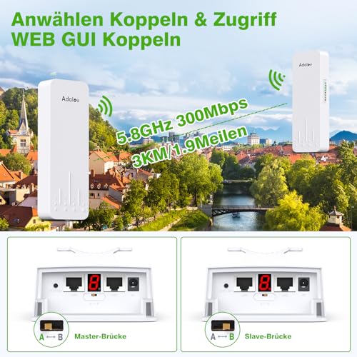 AdaLov WLAN Bridge CPE660 5.8GHz Outdoor WiFi Bridge with Bracket Point to Point Network up to 3 km for Camera/Outbuilding/Garden Shed/Garage/Barn, Plug & Play, IP65 Weatherproof, 12V DC/24V PoE
