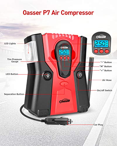 Oasser Air Compressor Tire Inflator 2-in-1 Multi-Functional Air Pump for Cars Motorcycles Bicycles and Other Inflatables with 120W Detachable Digital Pressure Gauge 12V P7