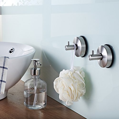 Yohom 2Pcs SUS 304 Stainless Steel Vacuum Suction Cup Hooks Shower Holder - Removable Bathroom Shower Hook Suction Towel Rack and Kitchen Organizer for Towel Hook, Bathrobe and Loofah,Brushed Finish