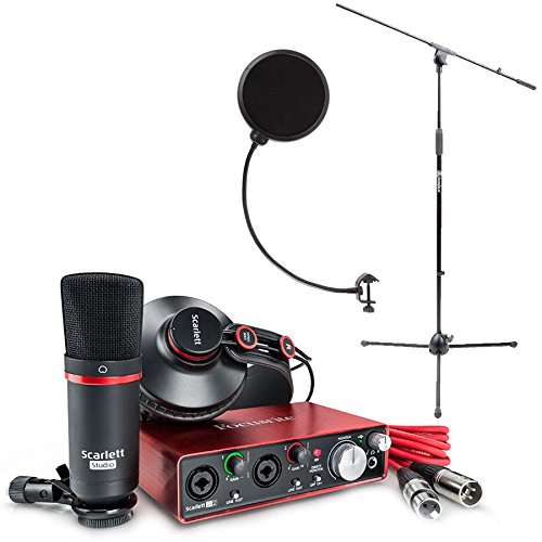 Focusrite Scarlett 2i2 USB Audio Recording Interface Studio Pack 2nd Gen W/ Microphone, Headphones, and Pop Filter, Mic Stand