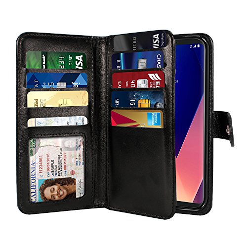 NEXTKIN Case Compatible with LG V30 V30+ Plus H930 VS996 H931 H932 US998 6 inch, Leather Dual Wallet TPU Cover, 2 Pockets Double Flap, Multi Card Slots Snap Button Strap for LG V30 V30+ Plus - Black
