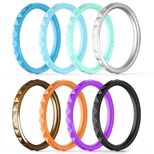 ThunderFit Thin and Stackable Silicone Rings, 7 Pack Silicone Wedding Bands for Women – Diamond 