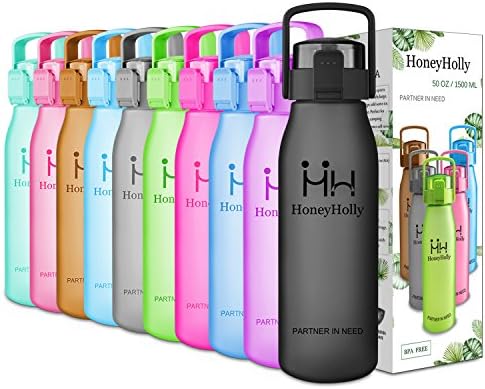 HoneyHolly Best Sports Water Bottle-32oz/1L&50oz/1.5L-Fast Flow,Flip Top Leak Proof Lid/One Click Open-Non-Toxic BPA Free-Training Jug Container