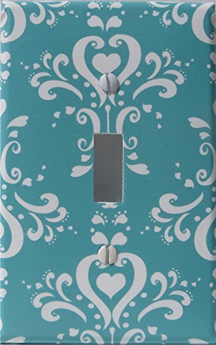 Aqua Damask Light Switch Plate / Damask with Hearts Nursery Wall Decor (Single Toggle Light Switch Plate)