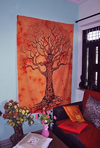 Gokul Handloom Tree of Life Tapestry Orange Tie Dye Hippie Tapestries Bohemian Boho Coverlet Dorm Tapestry Sheet Wall Hanging Tapestries