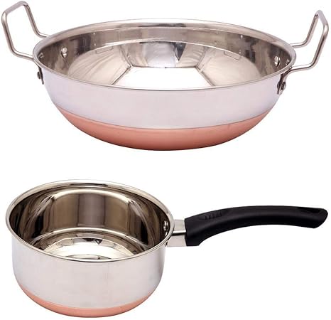 Amazon Com Combo Pack Stainless Steel Copper Bottom Kadai Tea Pan Pot Wok Skillet 9 Inch Kitchen Dining