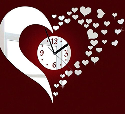 Modern 3D Heart Acrylic Mirror Wall Sticker Clock Decoration Decor Valentines Wall Decoration Clock Style Home Living Room Bedroom Decor Heart Clock Mirror Art Mural Wall Stickers