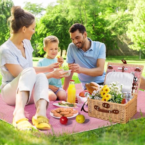Wicker Picnic Basket Wicker Picnic Basket for 4 Person Woven Basket with Integrated Insulation and Waterproof Tarpaulin, Complete Set with 4 Cutlery, Plates, Glasses for Camping Garden BBQ