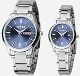 EYKI 8598 Couple Watches Quartz Waterproof Wristwatches for Lovers Pair in Package Blue Dial and Stainless Steel Band
