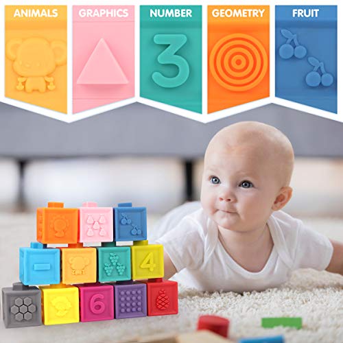 GILOBABY 12 PCS Baby Soft Blocks Set, Toddler Silicone Building Blocks Squeeze Stacking Toys with Animal Shape Fruit Number, Ideas Educational Toy Birthday for Baby Toddler Children