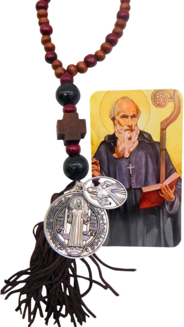 Wreath Hangers - St Benedict Home Protection Door Hanger with Wooden Beads and Tassel Prayer Card Set