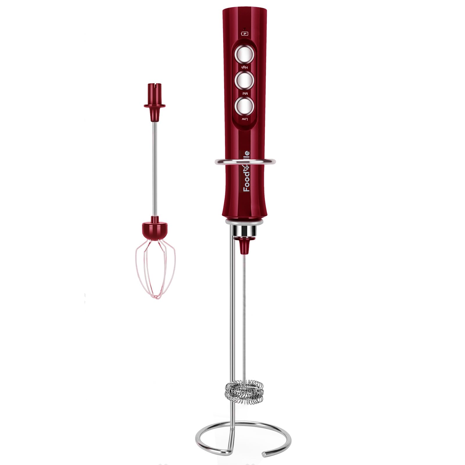 FoodVille MF02 Rechargeable Milk Frother Handheld Foam Maker with Stainless Whisk for Cappuccino, Latte, Bulletproof Coffee, Keto Diet, Protein Powder, Matcha (Viva Red)