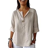 ROMRUM Women's V-Neck Cotton Linen Shirt Top 3/4 Roll-Up Sleeve Summer Casual Loose Solid Blouses Tunic Tops with Button
