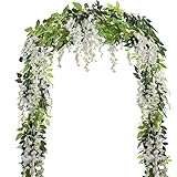 5 Pcs-31ft Artificial Silk Wisteria Flowers Hanging Vine Faux Fake Plants Flowers Hanging Vine Artificial Ivy Leaves Garland Ratta Green Leaf Ivy Garland Decor for Kitchen Wedding Home Party(White)