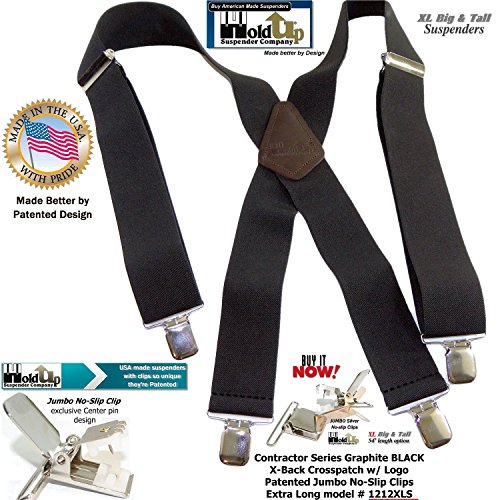 Holdup Suspender Company Brand 2" Wide XL Graphite Black Work Suspenders with Patented Silver Tone Jumbo No-slip Clips