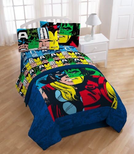 Bathrooom and More Marvel Heroes Cut Up Sheet Set: Twin, One Pillow Cases, One Flat & One Fitted Sheet