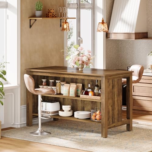 Tribesigns Kitchen Island with Seating and Storage, 59-Inch Large Farmhouse Stationary Island Table for Kitchen, 3-Tier Counter Height Coffee Bar Tables for Dining Room, Rustic Brown