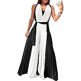 CHICME Women's Sleeveless Colorblock Jumpsuit Casual Plunge V Neck Waist Tied Detail Pleated Romper