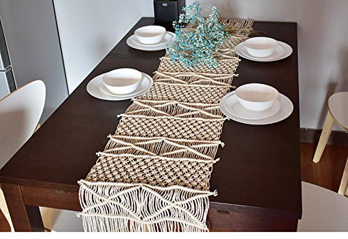 RISEON Bohemia Handmade Natural Macrame Table Runner, macrame table placement, Macrame table Centerpiece, Bed Runner Wedding Home Boho Decor (13.7"W x 86"L) - Thumbnail 7
