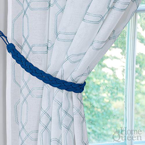 Home Queen Hand Braided Curtain Tie Back, Buckle Holdback Drapery Curtain Tiebacks, 2 Rope Belt Curtain Tie with 2 Metal Hooks, Navy - Thumbnail 2