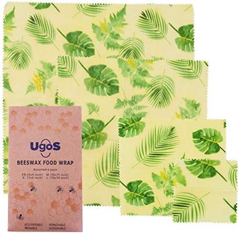 UGOS Organic Beeswax Food Wraps – Reusable Bees Wax Paper Wrap, Assorted 4 Pack (Leaves)