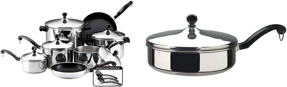 Farberware Classic Stainless Steel Cookware Pots and Pans Set, 15-Piece,50049,Silver & Classic Stainless Steel Saute Fry Pan with Lid, 2.75 Quart, Silver