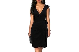 Berydress Women's Vintage V-Neck Sheath Casual Party Work Faux Black Wrap Dress