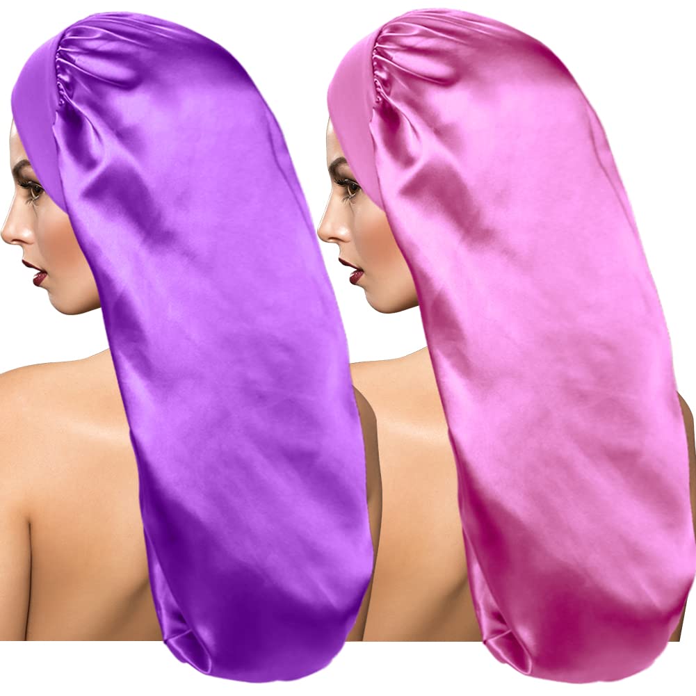 2 Pieces Long Satin Sleep Cap for Curly Hair, Long Braids Satin Sleep Bonnet Extra Large Sleeping Hat for Women