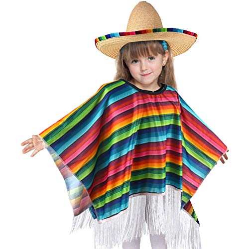 BigOtters Mexican Serape Poncho Costume, Cinco De Mayo Mexican Fiesta Ponchos Party Colorful Striped Cosplay for Kids Toddler and Child Favor