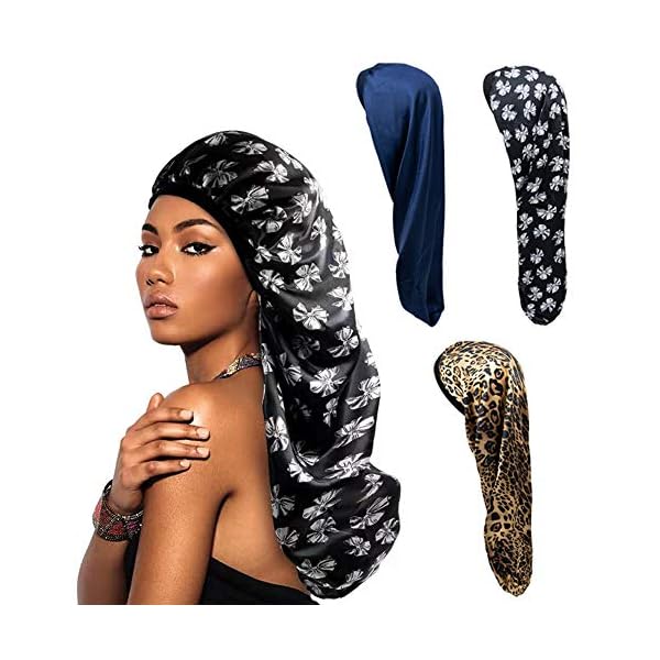 Long Satin Bonnet Sleep Cap, 3 Pcs Extra Large Sleeping Night Caps Hat Loose Cap Bonnets, Adjustable Elastic Band Head…