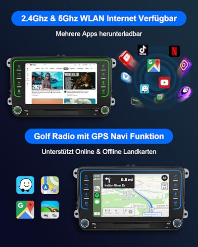 Car Radio with Screen for VW Golf 5 6 T5 Passat Polo 6R Tiguan Seat Skoda, 7 Inch VW Caddy Radio 2Din with Apple CarPlay Android Car Mirrorlink DAB+ Navi Bluetooth WLAN Canbus GPS 8-Core 4+64GB