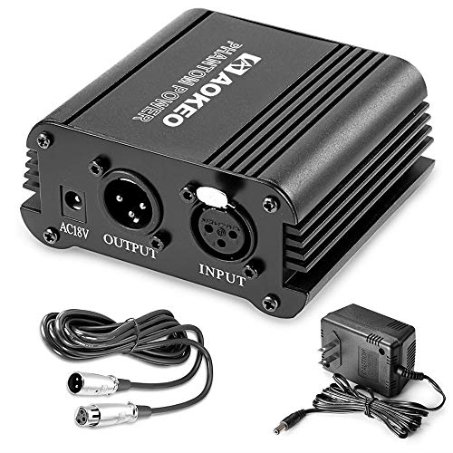 Aokeo 1-Channel 48V Phantom Power Supply with Adapter, BONUS+XLR 3 Pin Microphone Cable for Any Condenser Microphone Music Recording Equipment