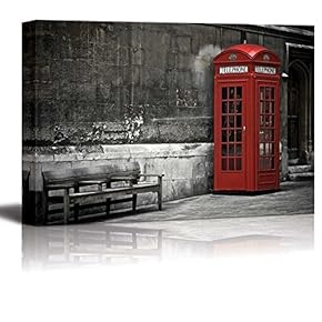 Black and White Photograph with Pop of Color on a Red Telephone Booth in London - Canvas Art Home Art - 12x18 inches