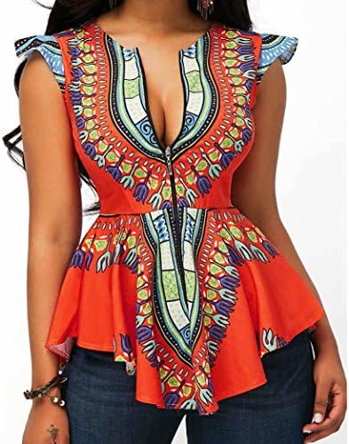 HIRIRI Hot Sale Women Asymmetric Hem Cap Sleeve African Printed Zipper Closure Blouse Tops (Multicolor, L)