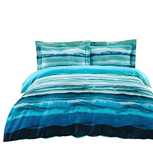 MILDLY Bedding Duvet Cover Sets Queen Size, 100% Egyptian Cotton Duvet Cover with Zipper Closure and 2 Pillow Shams, River Scenery with Trees and Mountains Surrounded Pattern Printed,Meryl