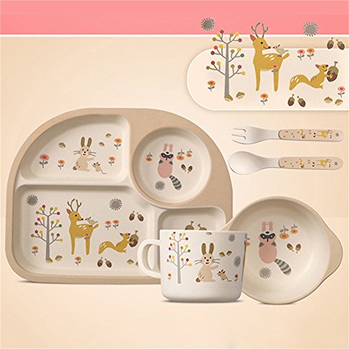 Pueri Kids Tableware Set Baby Bamboo Fiber Cartoon Bowl Environmentally Friendly Dinnerware Set 5 PCS (C)