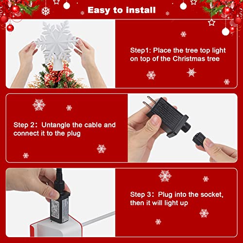 bedee Christmas Tree Topper Lights, LED Snow Tree Topper with Colored Rotating Snowflake Projector, 3D Glitter Lighted Snow Tree Topper for Christmas Tree Decorations Silver