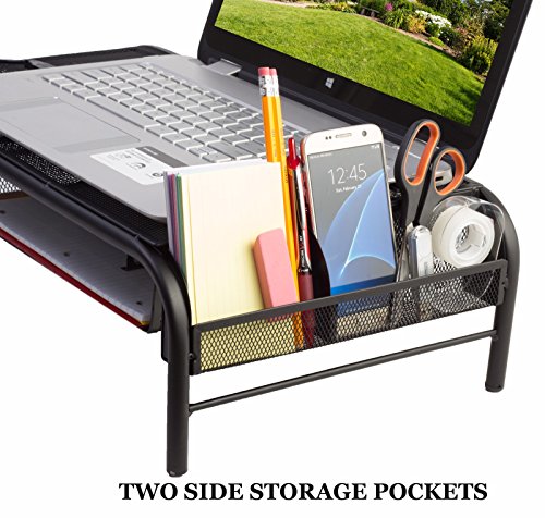 Monitor Stand Riser, Mesh Metal Desktop for Computer/Laptop TV Printer with Pull Out Drawer. New Design with Two Cellphone Slots. Two Compartments for Storage Organizer [Upgraded] by House Ur Home - Thumbnail 3
