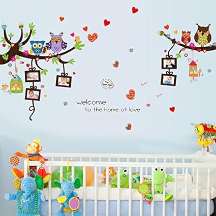 Oren Empower Artistic Owls with photo frame stickers (Multicolor, Finished size on wall - 150(w) X 81(w) cm)
