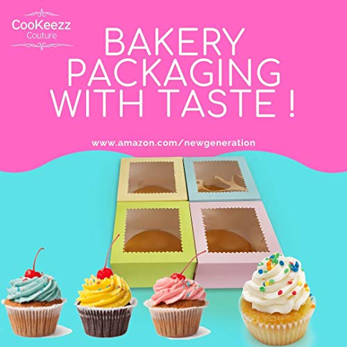 CooKeezz Couture -Colored Window Cake Boxes 6x6x4 Decorated Boxes Auto Popup Great for Bakery, Pastries, Cupcake - Assorted 12 Pack Boxes in 4 Pastel Colors Included 12 Round Cake Boards.