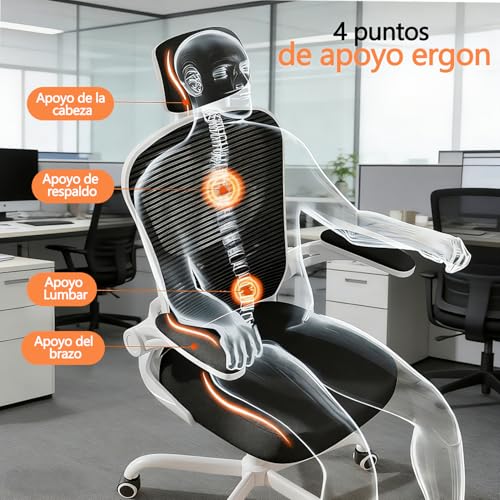 Silla de Oficina con Soporte Lumbar,Silla De Escritorio Ergonómica con Altura Ajustable,con Función de Bloqueo de Inclinación,Silla Ergonomica con Reposacabezas Ajustable,Respaldo Alto,con Ruedas