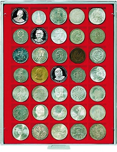 LINDNER Das Original Coin Box, 35 Square Compartments, Ø 36 mm, Gray/Red Insert