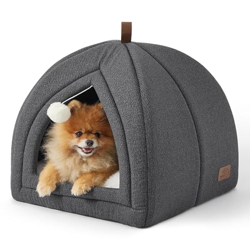 Bedsure Large Cat Bed - Cat Cave 44 x 44 x 44 cm, Indoor Cat House with Removable Sherpa Cushion and Hanging Toy, Washable Bed, Dark Grey