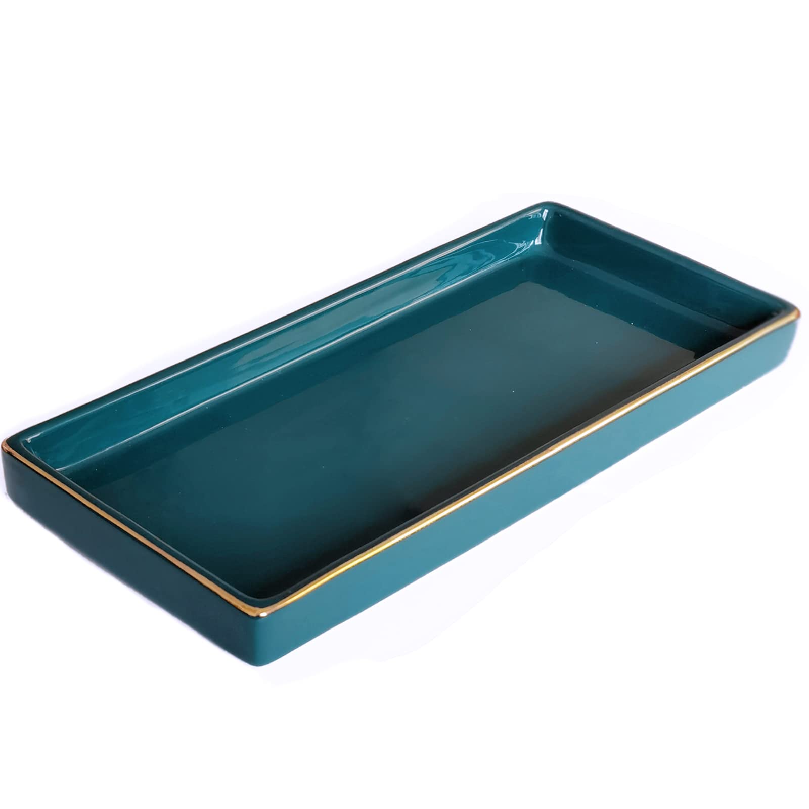 Photo 1 of 10 x 5 Ceramic Bathroom Tray for Countertop, Decorative Vanity Tray for Dresser Tops, Small Rectangular Trays for Perfume, Candle, Jewelry, Cosmetics (Green)