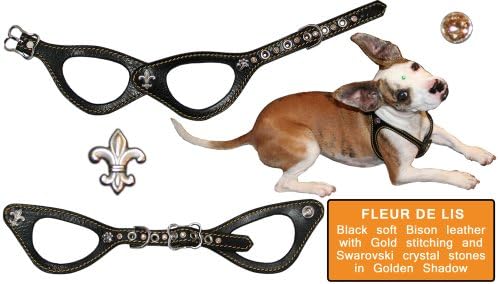 Pet Flys "Fleur De Lis" Bucky Belt: Black Bison Leather Harness with Gold Hand Stitching and matching Gold Shadow Swarovski Crystals