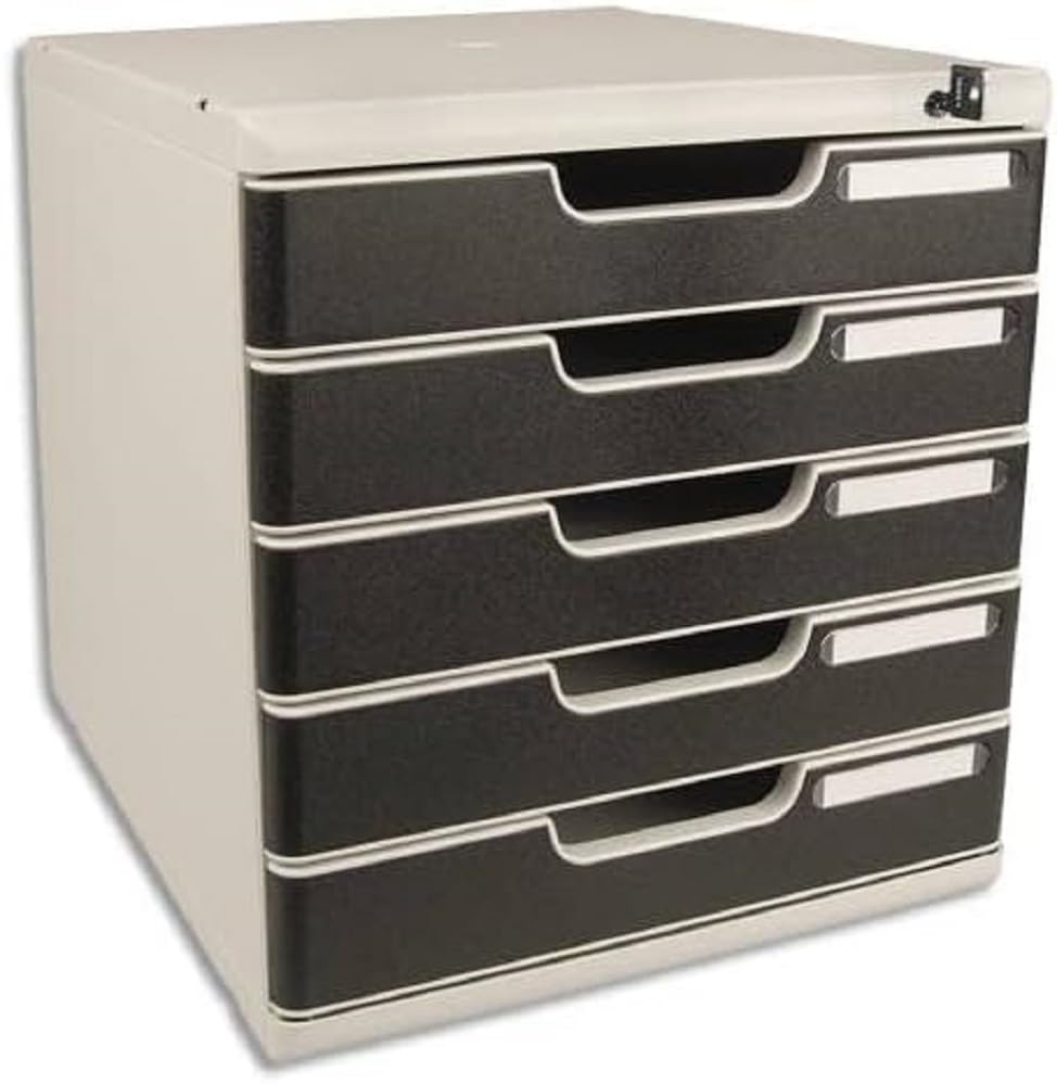 Exacompta - Ref 331014D - Modulo Drawer Set with Key Lock - 350 x 288 x 320mm in Size, 5 Drawers (54mm Height), Smooth Opening, Keys Supplied - Office Light Grey/Black