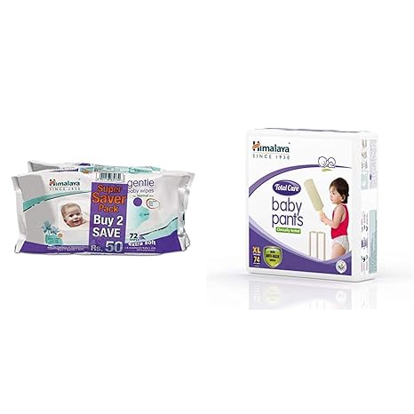 Himalaya Gentle Baby Wipes (72 Napkins of 2 Packs) & Himalaya Total Care Baby Pants Diapers, X Large, 74 Count