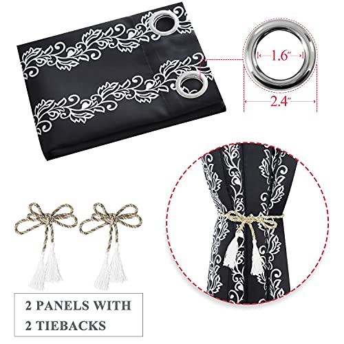 Estelar Textiler Blackout Window Curtains Silver Wave Flower Print Grommet Blackout Curtains Thermal Insulated Drapes Blinds for Bedroom Sliding Patio Door 38 x 84 Inch Black 2 Panels